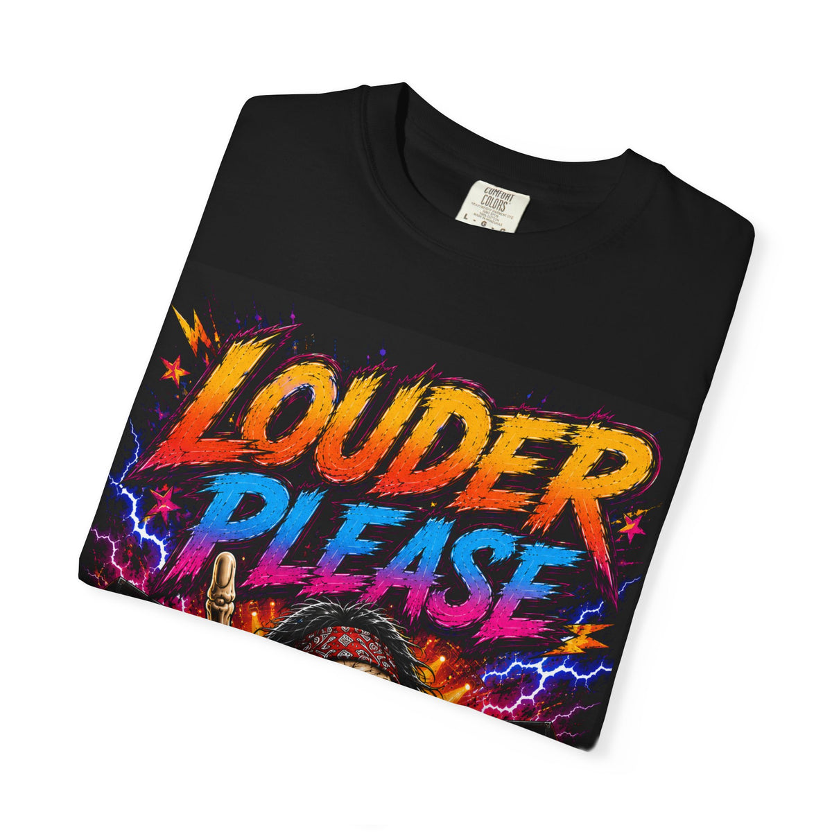 Louder Please Skull Rocker T-shirt | Retro Neon Heavy Metal Tee