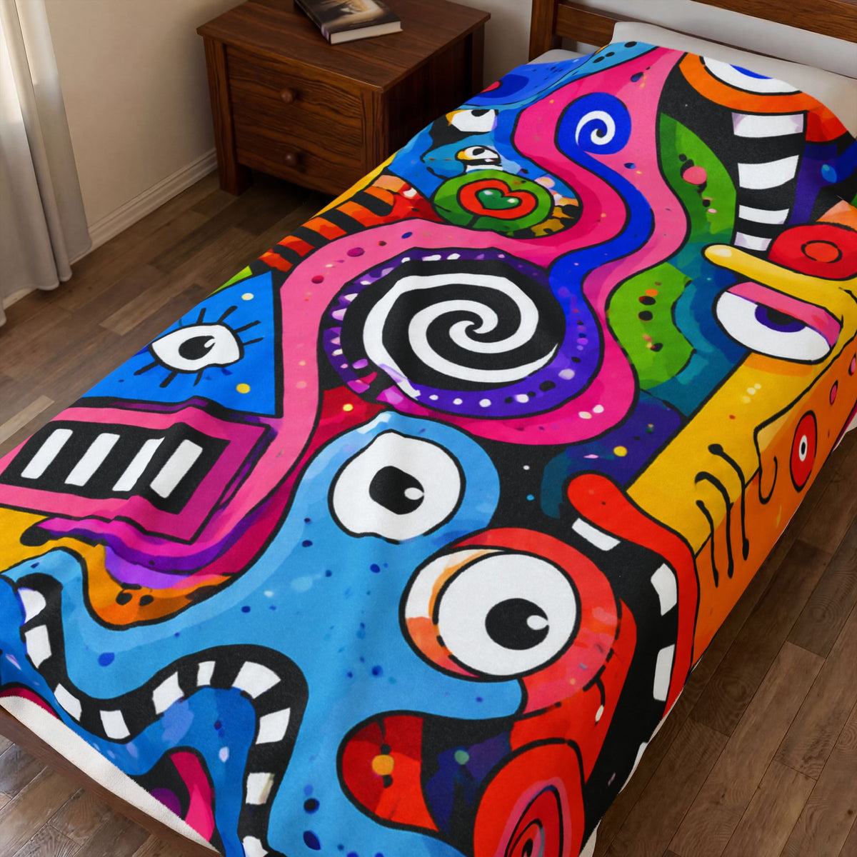 Abstract Pop Art Velveteen Plush Blanket — Colorful Psychedelic Faces Throw