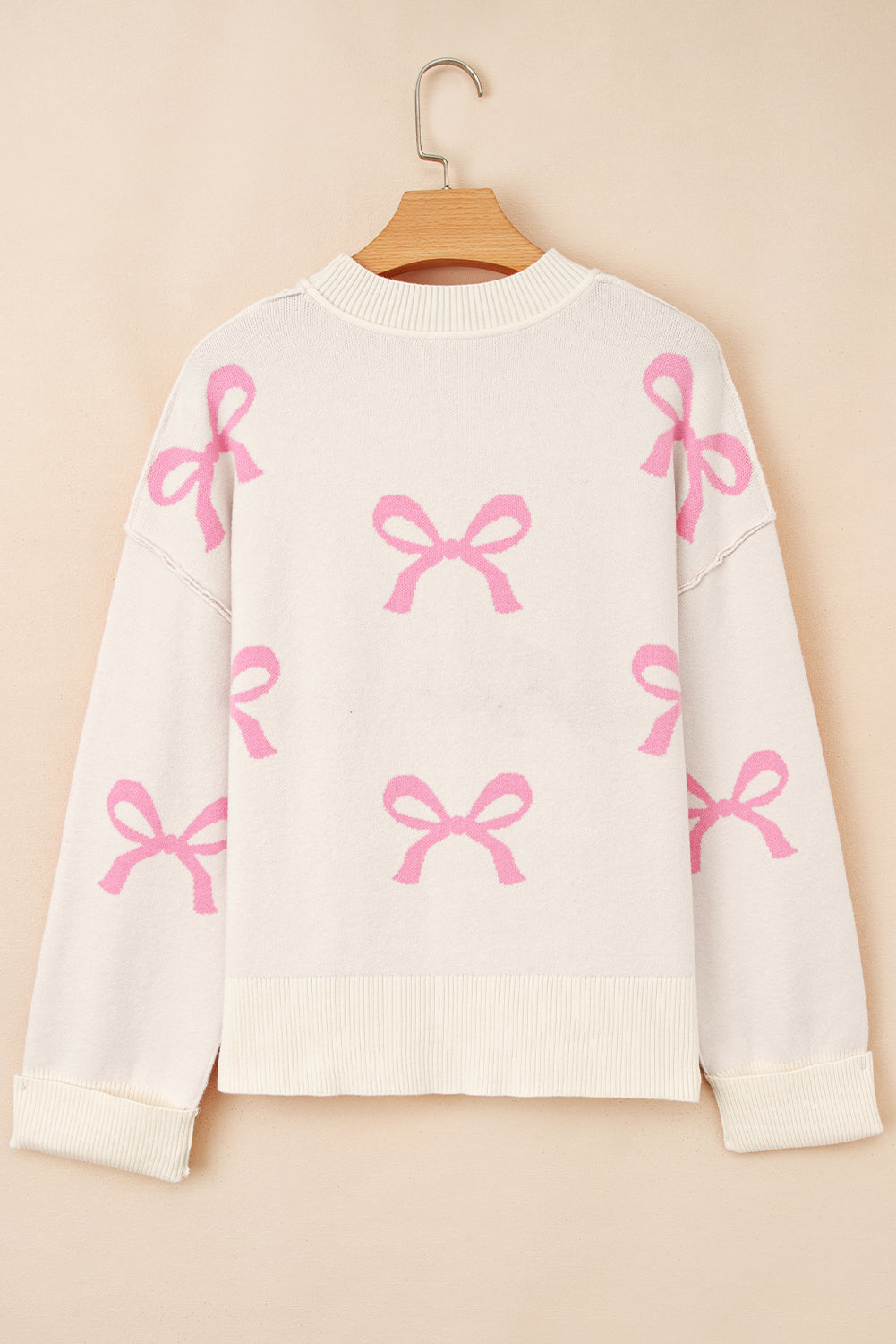 Bow Tie Ribbed Trim Drop Shoulder Sweater