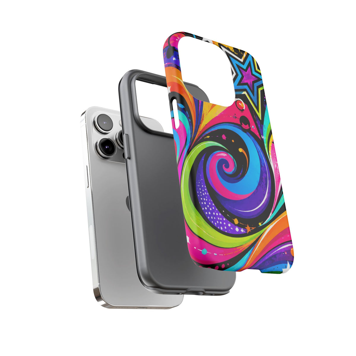 Psychedelic Swirl Phone Case — Bold Retro Stars & Neon Pop Art Tough Case