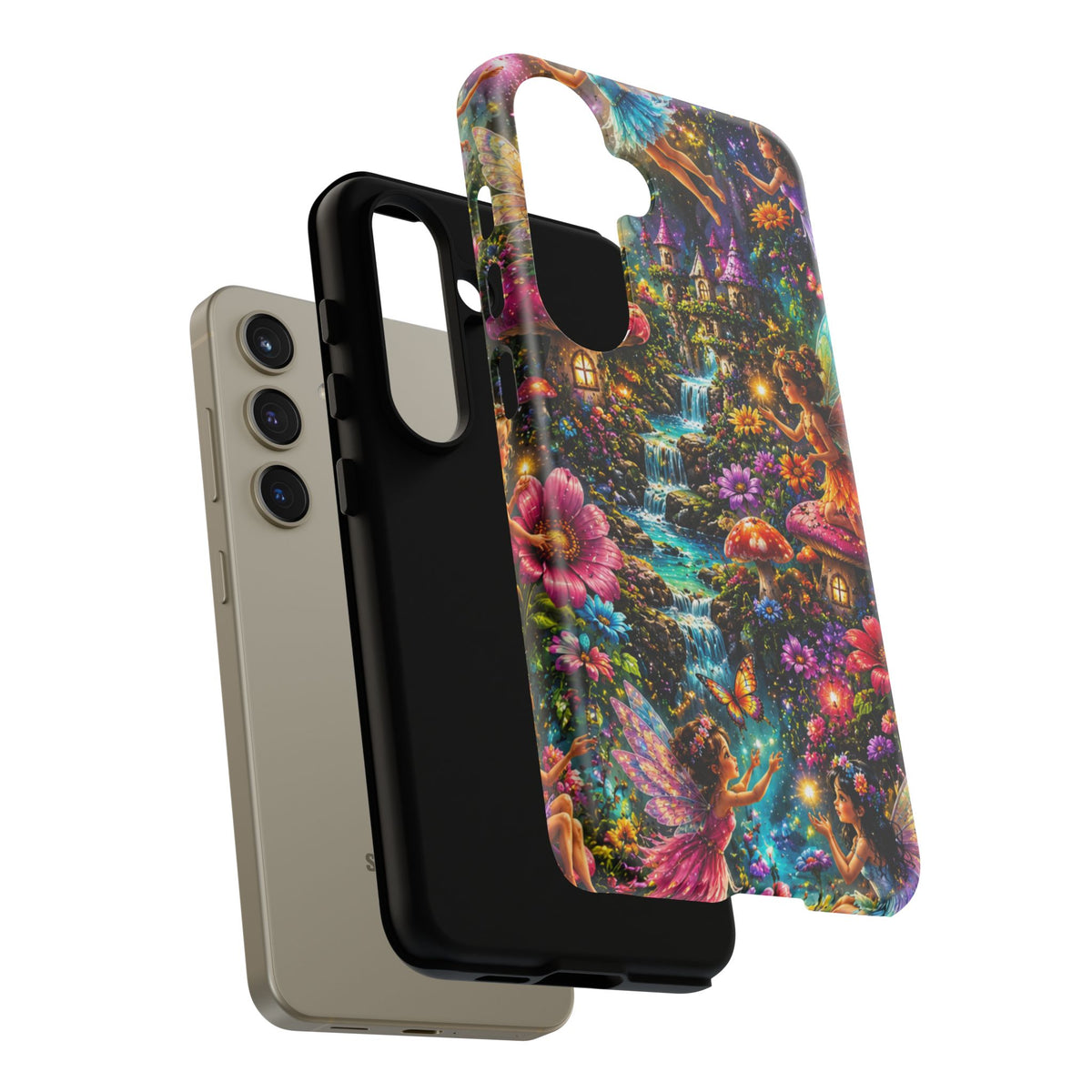 Fairy Garden Tough Phone Case — Whimsical Cottage, Waterfall & Mushroom Artwork