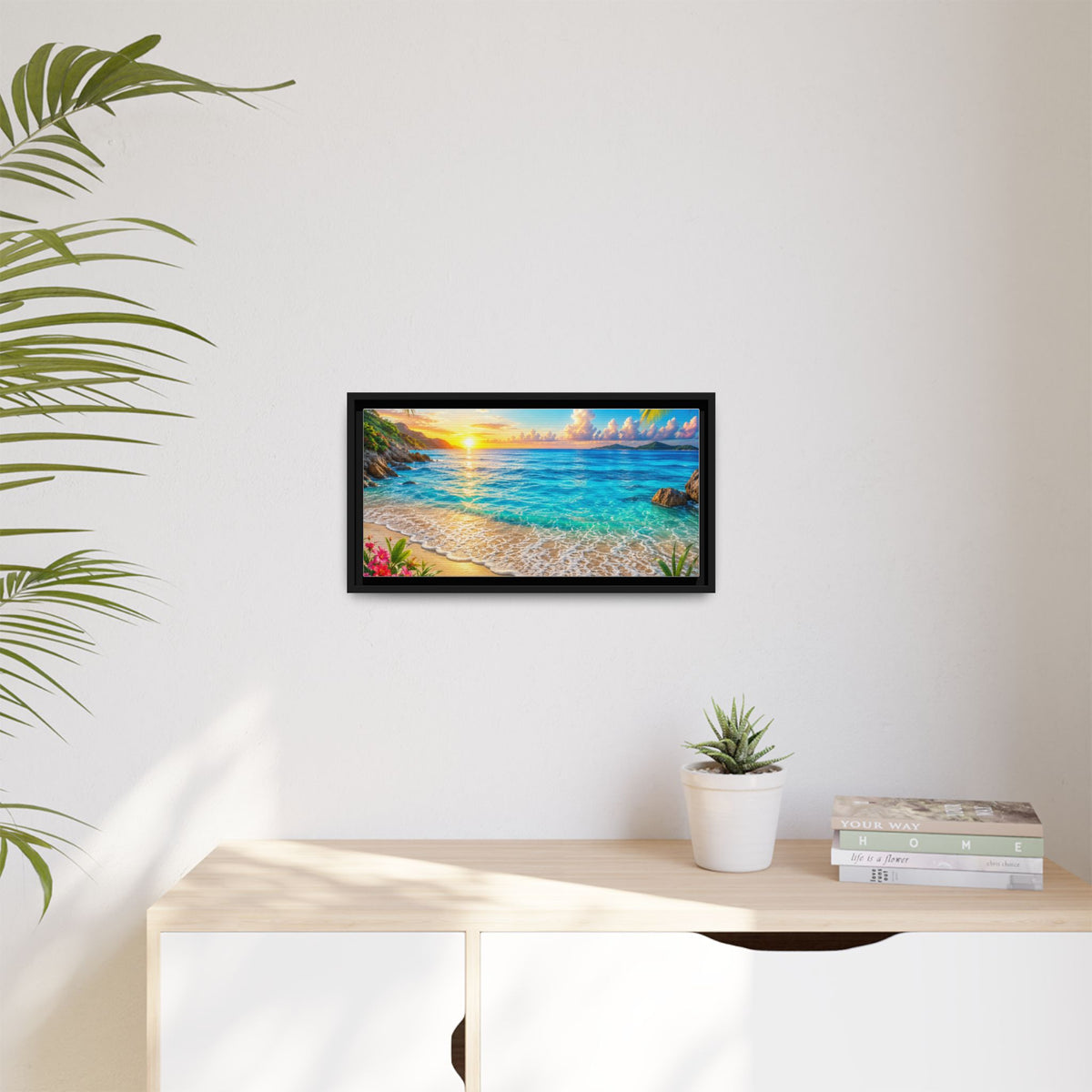 Framed Beach Sunset Matte Canvas Wall Art — Tropical Ocean Sunrise Decor