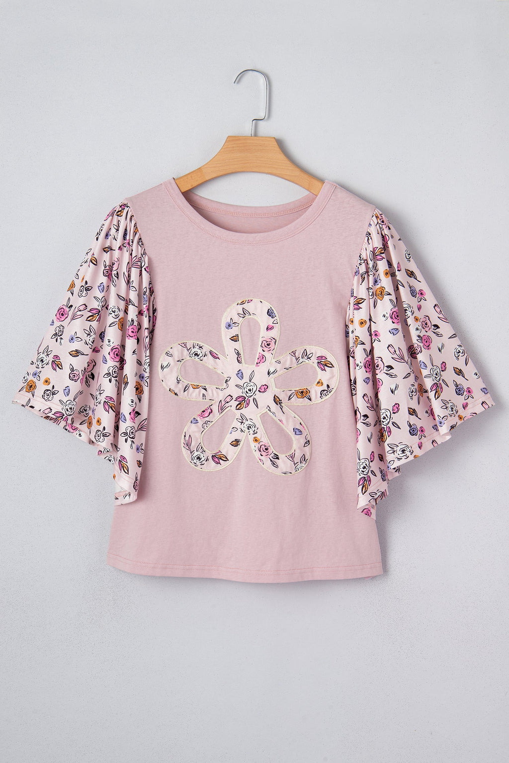 Floral Contrast Patchwork Flowy 3/4 Sleeve Blouse