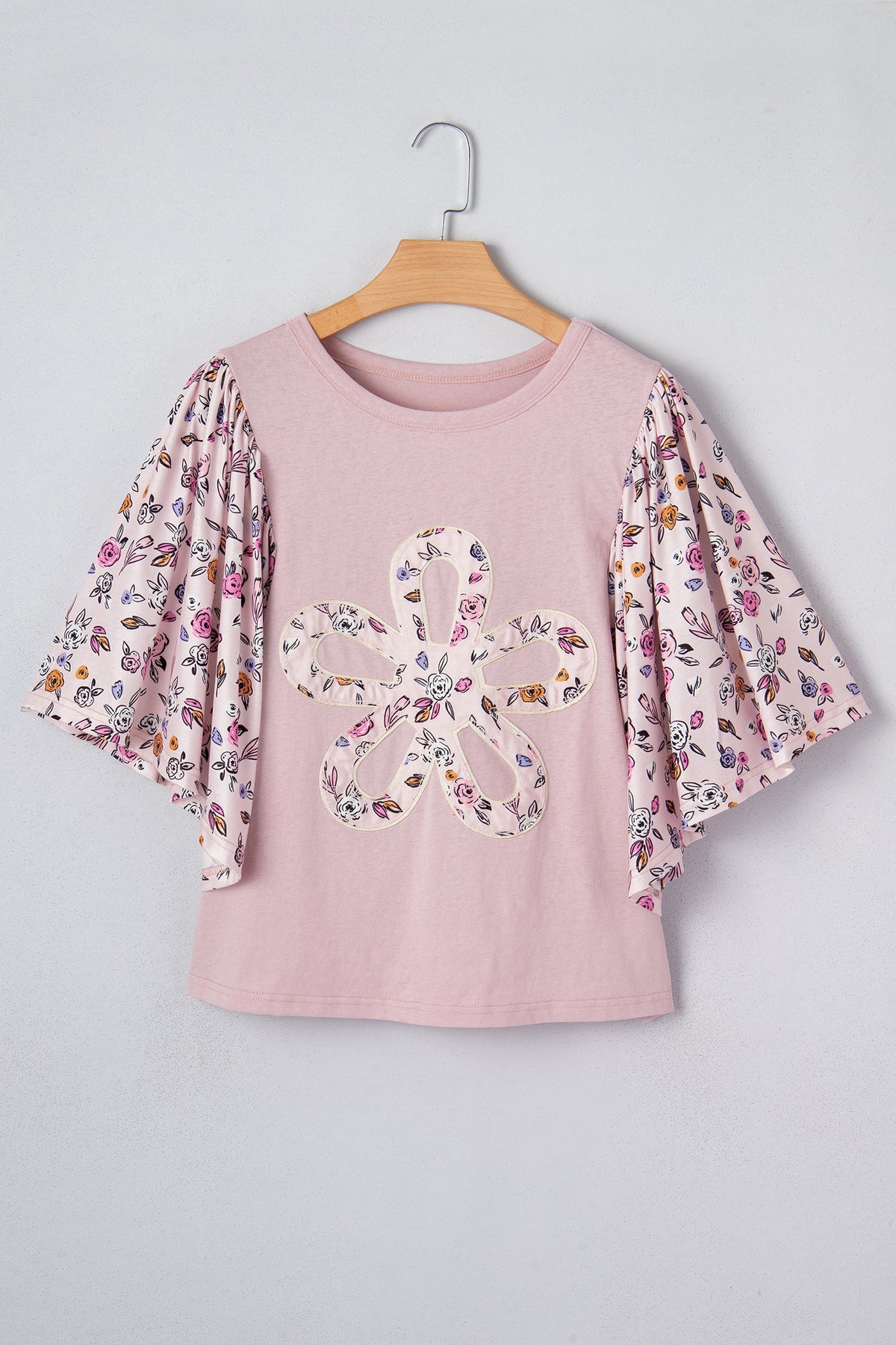 Floral Contrast Patchwork Flowy 3/4 Sleeve Blouse