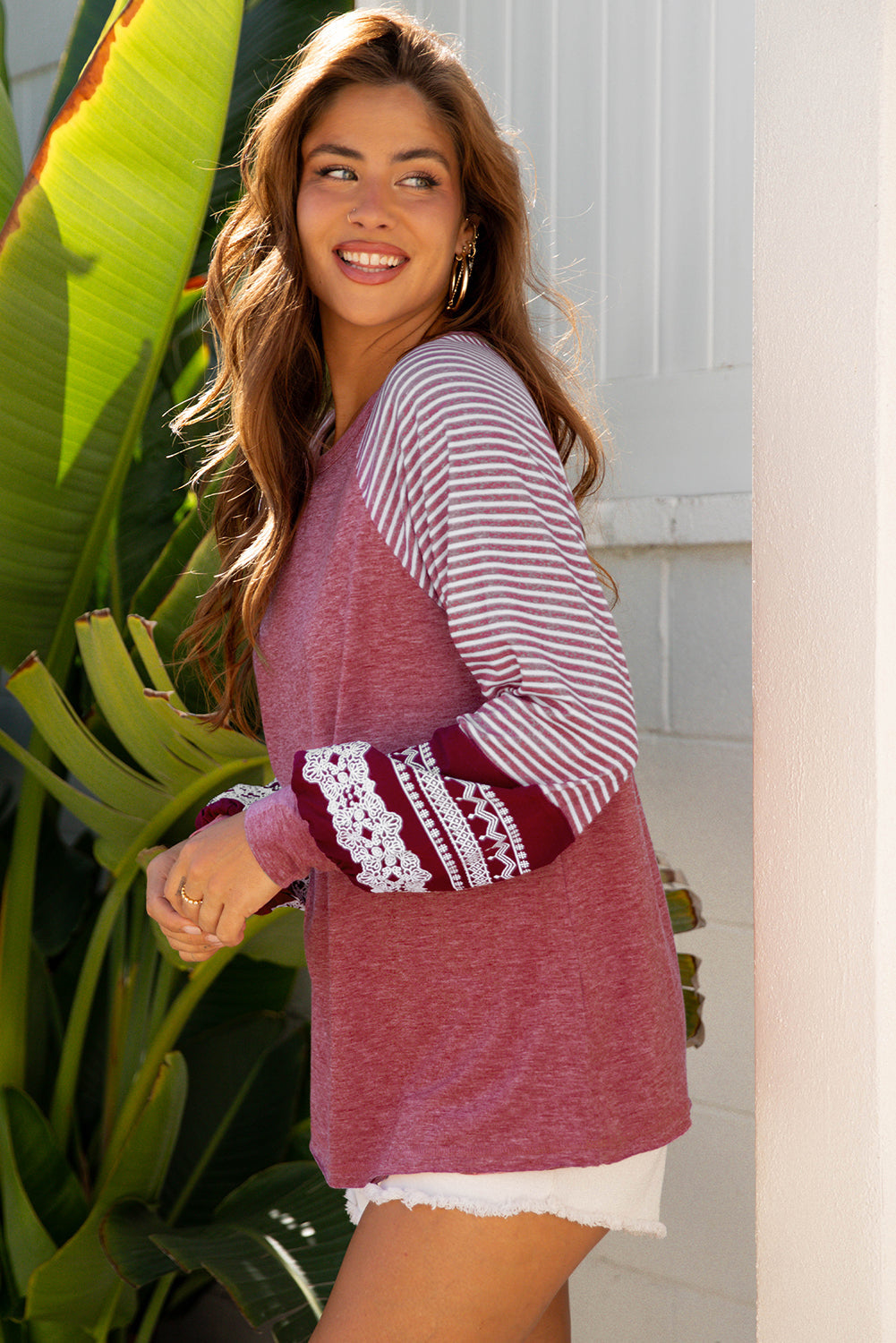 Stripe Patchwork Raglan Long Sleeve Top