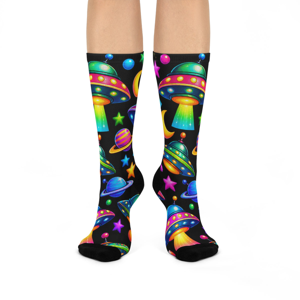 Alien UFO Crew Socks — Neon Space Pattern Cushioned Socks