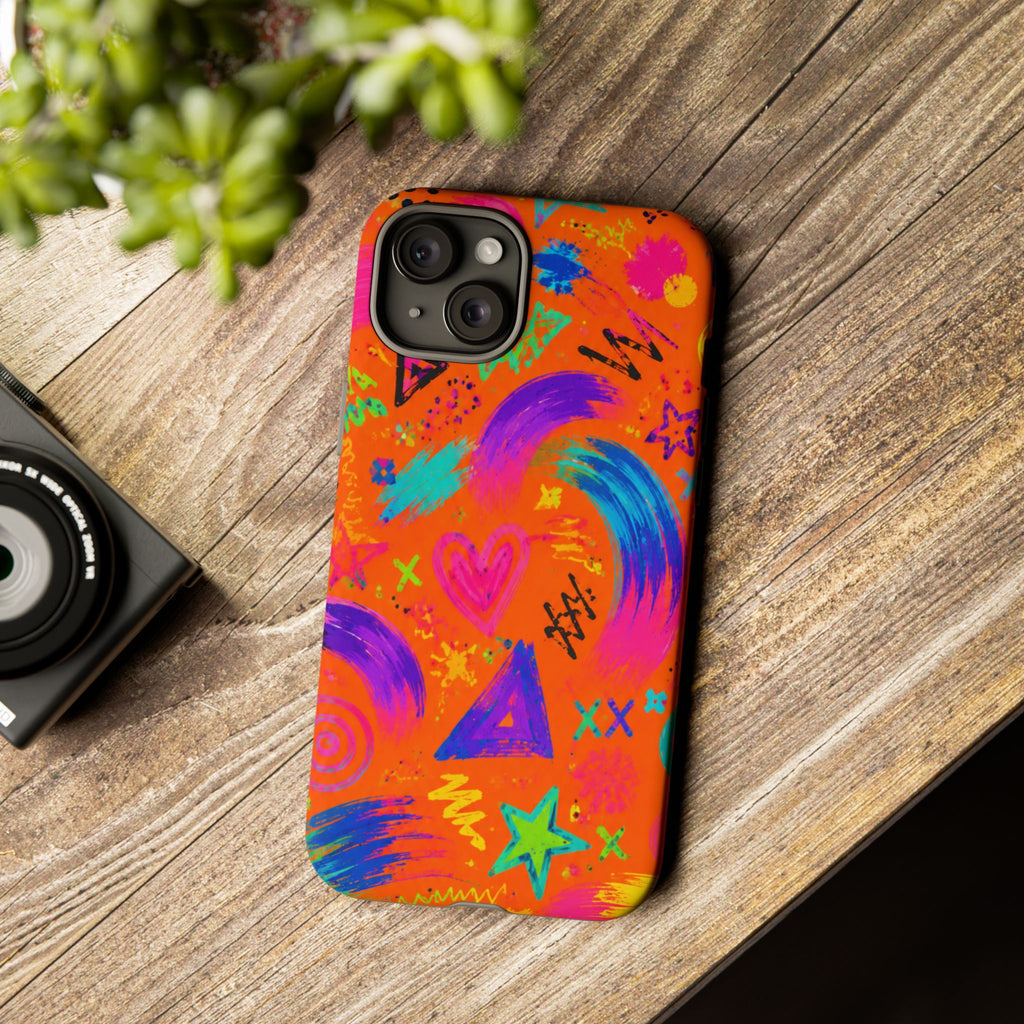 Colorful Neon Doodle Phone Case — Bright Abstract Stars & Hearts Tough Case