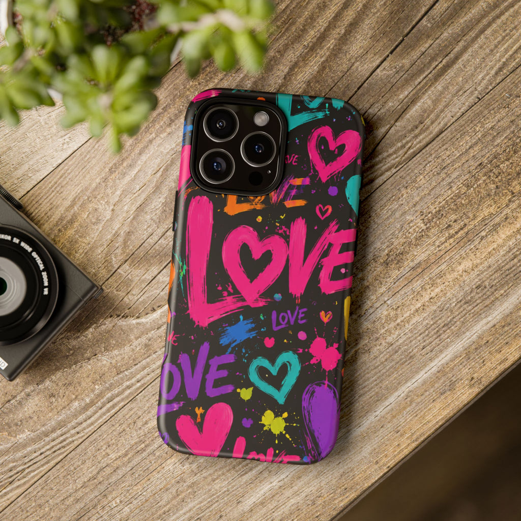 Phone Case — Neon Graffiti "Love" Hearts Protective Tough Case