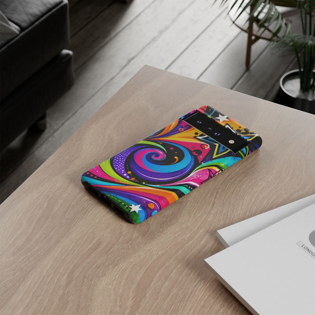 Psychedelic Swirl Phone Case — Bold Retro Stars & Neon Pop Art Tough Case