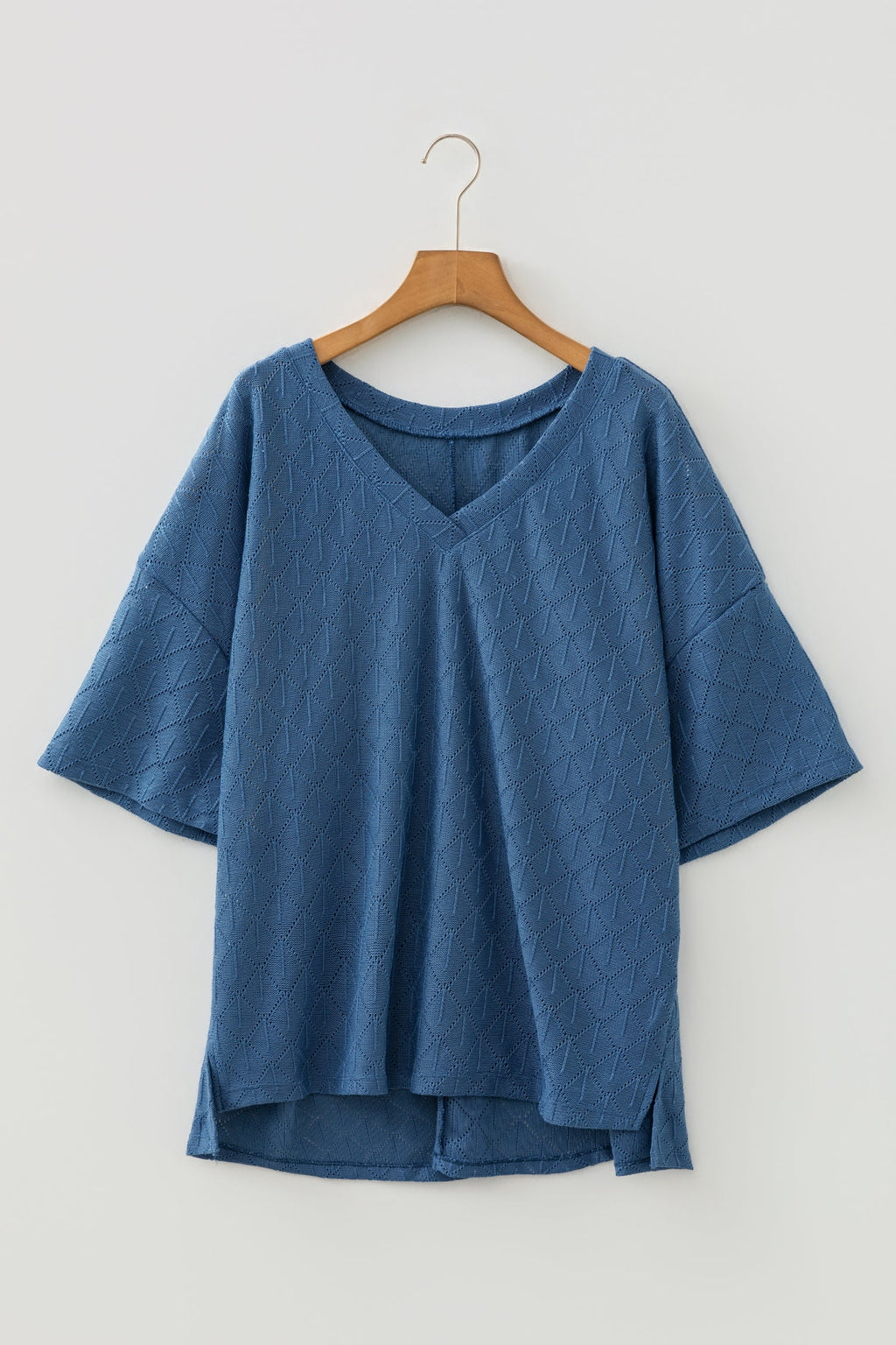 Plus Size Solid Pointelle Knit Rhombus V-Neck Top