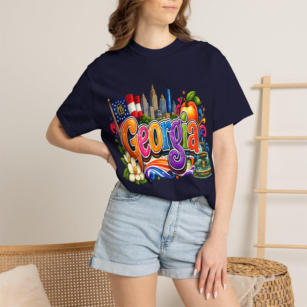 Georgia state illustration T-shirt | Atlanta skyline, peach, magnolia