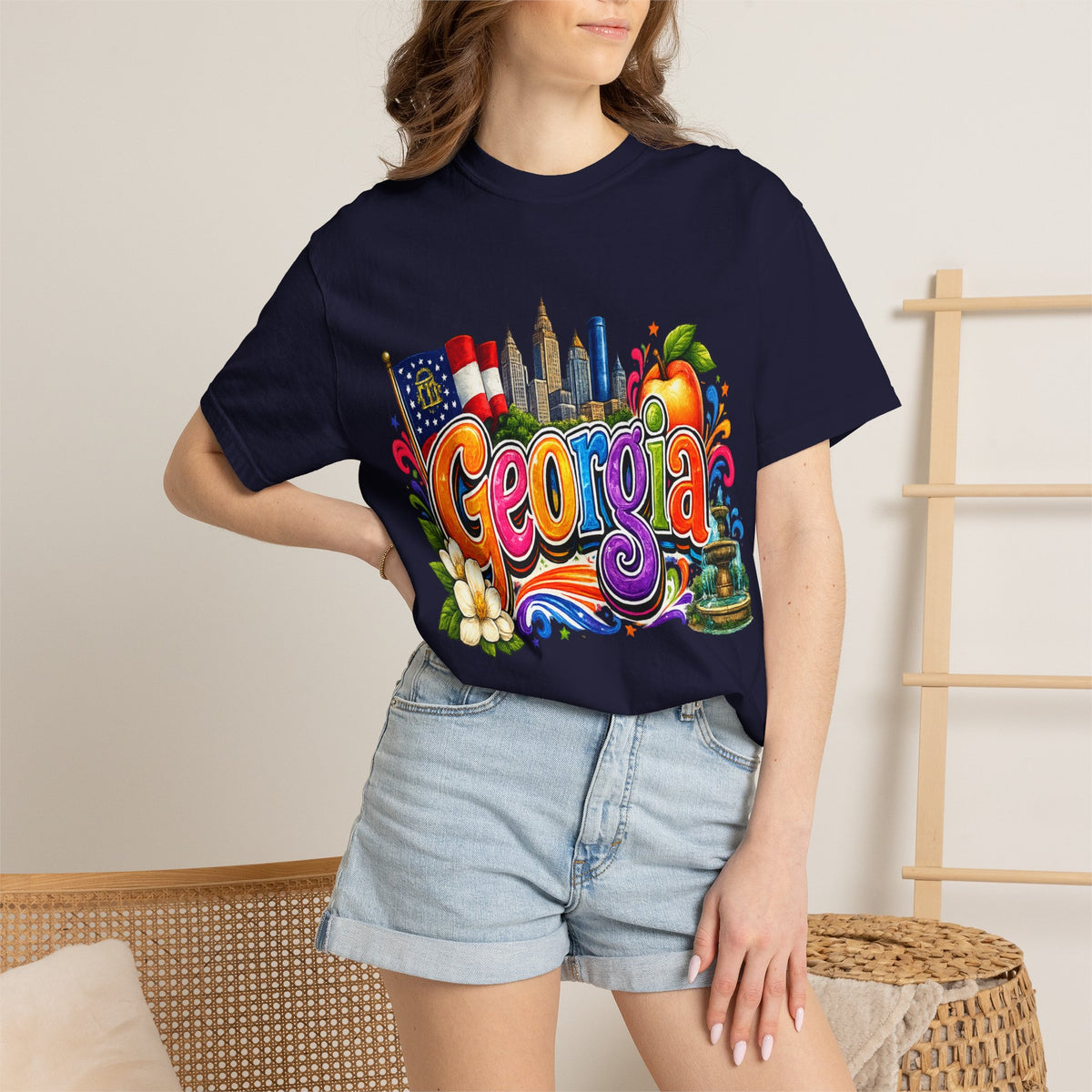 Georgia state illustration T-shirt | Atlanta skyline, peach, magnolia