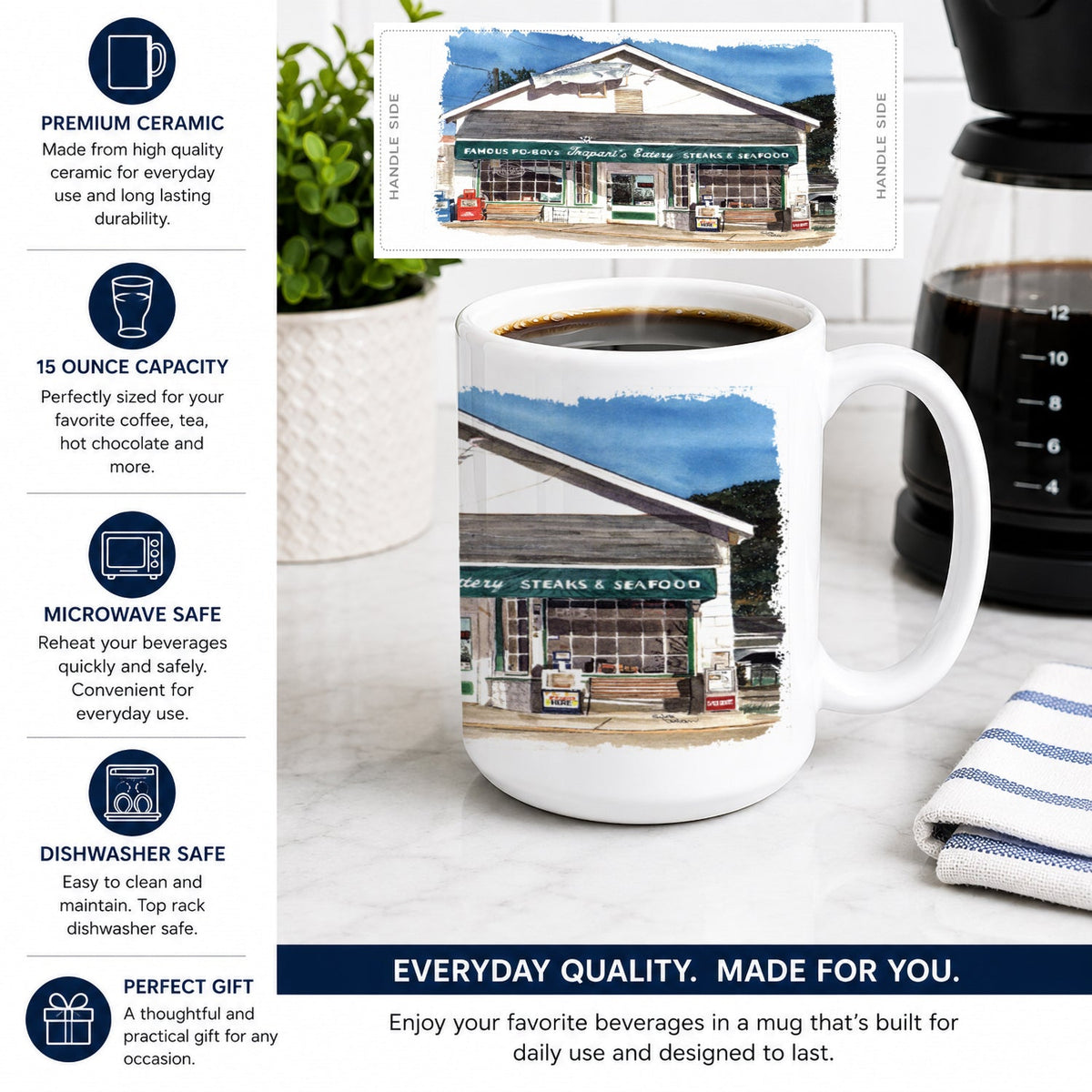 Trapani's Eatery Ceramic Coffee Mug 15 oz Decorative Large C Handle Mug Cup for Tea, Cocoa Hot Chocolate