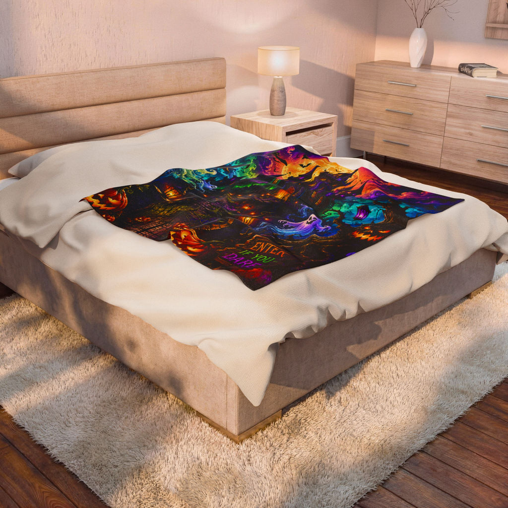 Halloween Haunted Castle Plush Blanket — "Enter If You Dare" Velveteen Throw
