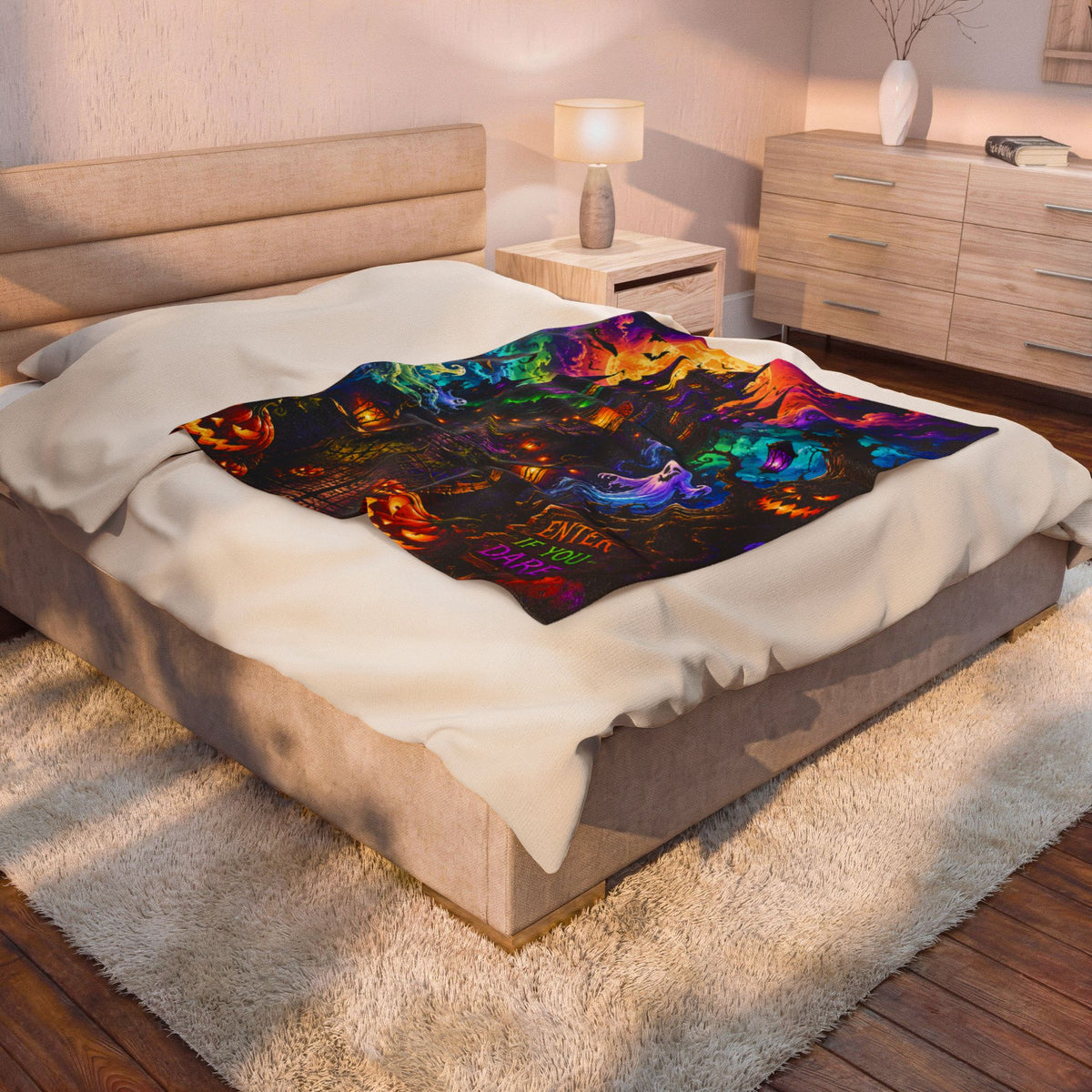 Halloween Haunted Castle Plush Blanket — "Enter If You Dare" Velveteen Throw