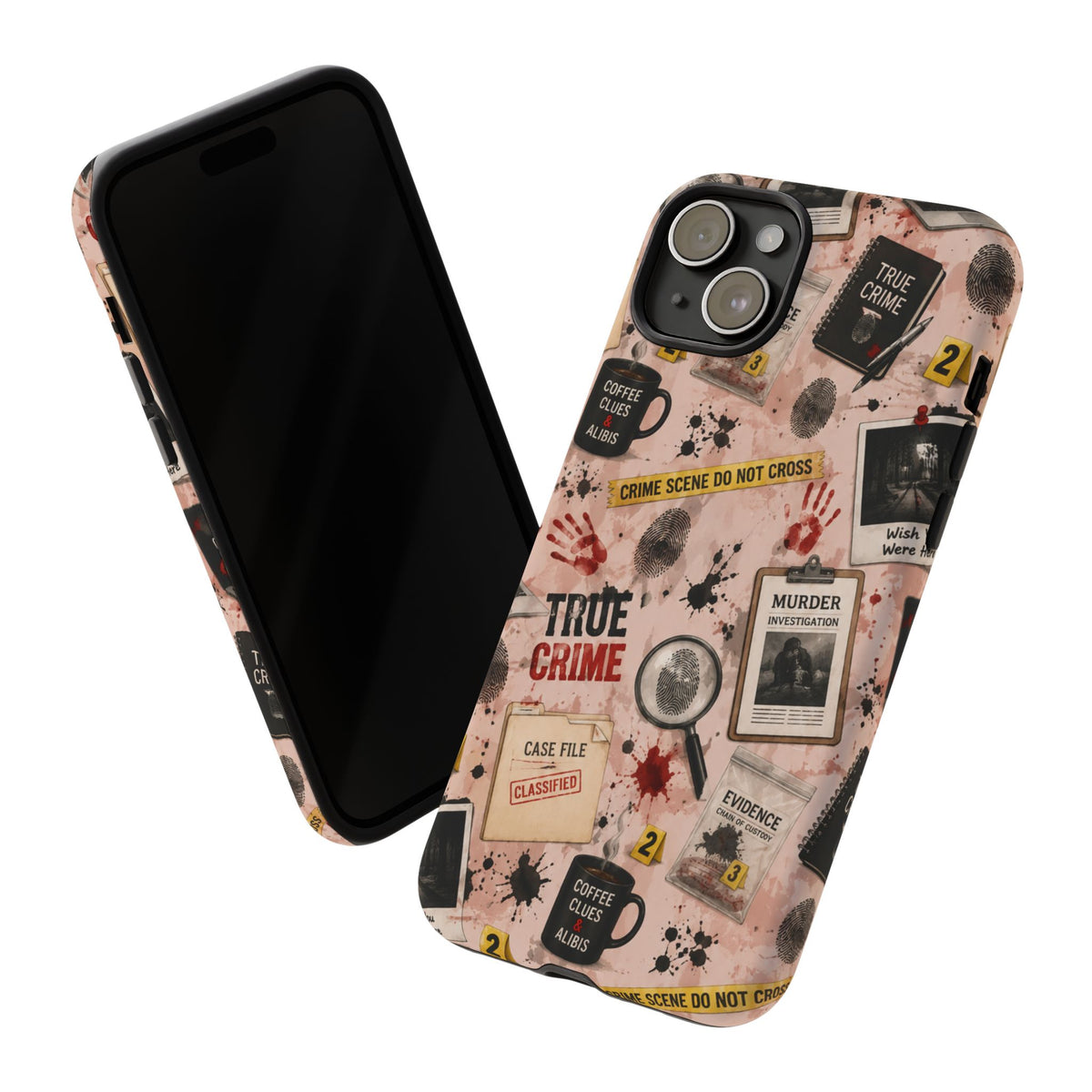 True Crime Pattern Phone Case – Detective Evidence, Crime Scene Tape & 'True Crime' Design