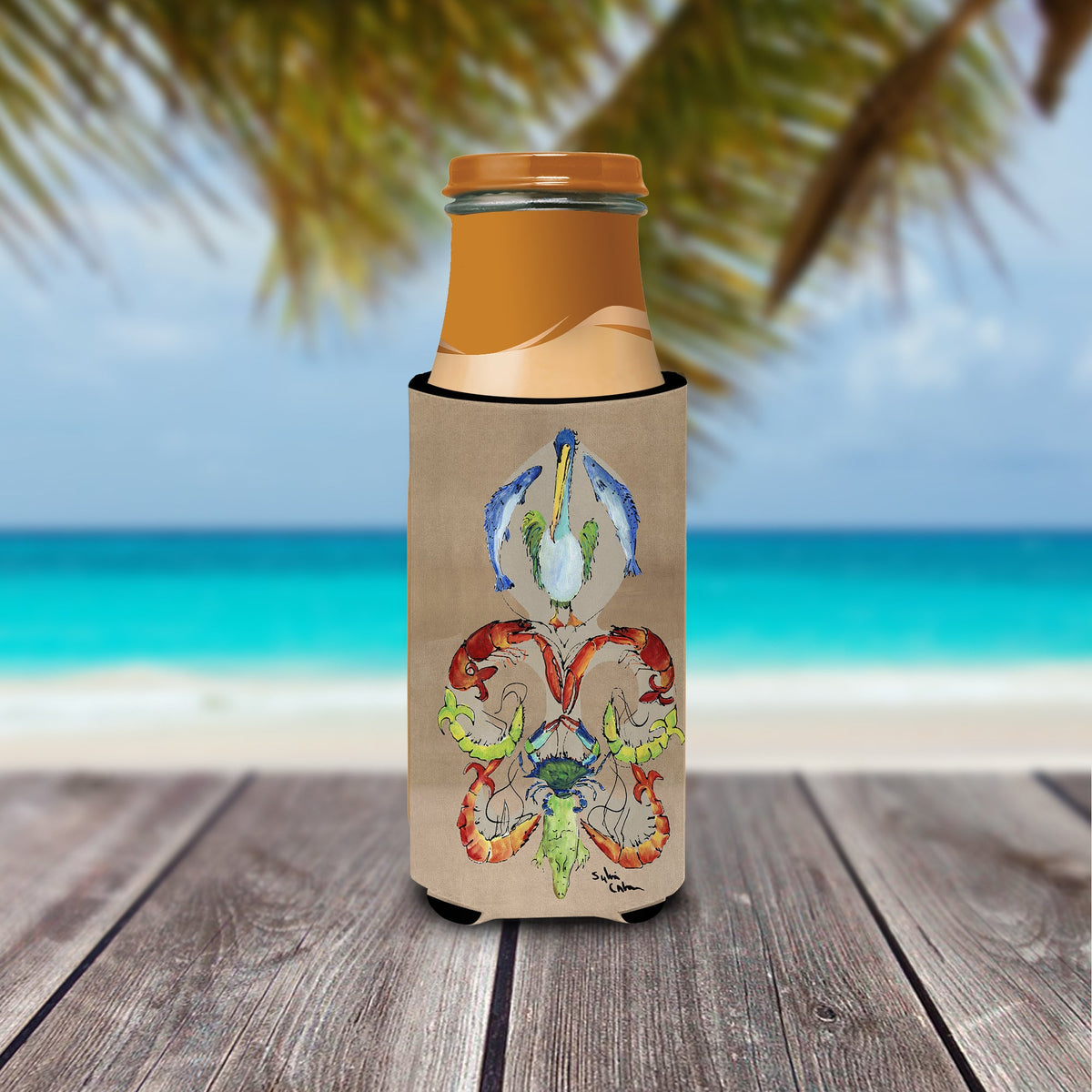 Crab Shrimp Pelican Crab and Gator Fleur de lis Slim Can Hugger , Insulated Foam Hugger for 12 oz Slim Cans, Beer Bottles & Water Bottles, Printed in USA