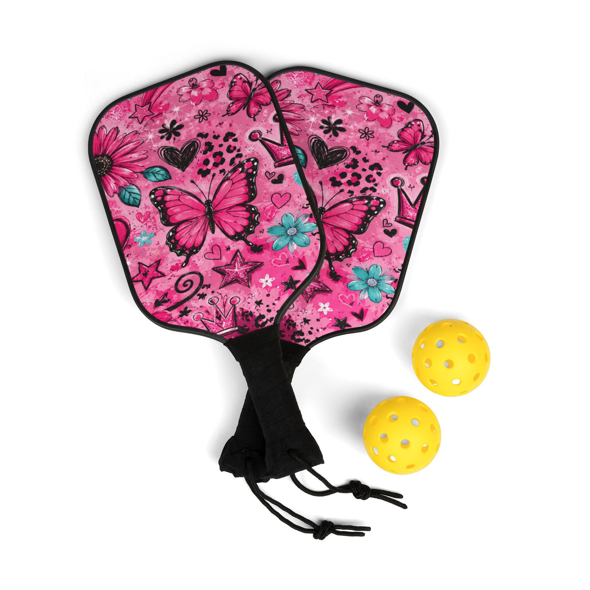 Pickleball Paddles – Pink Butterfly Floral Design Kit (2 Paddles + Balls)