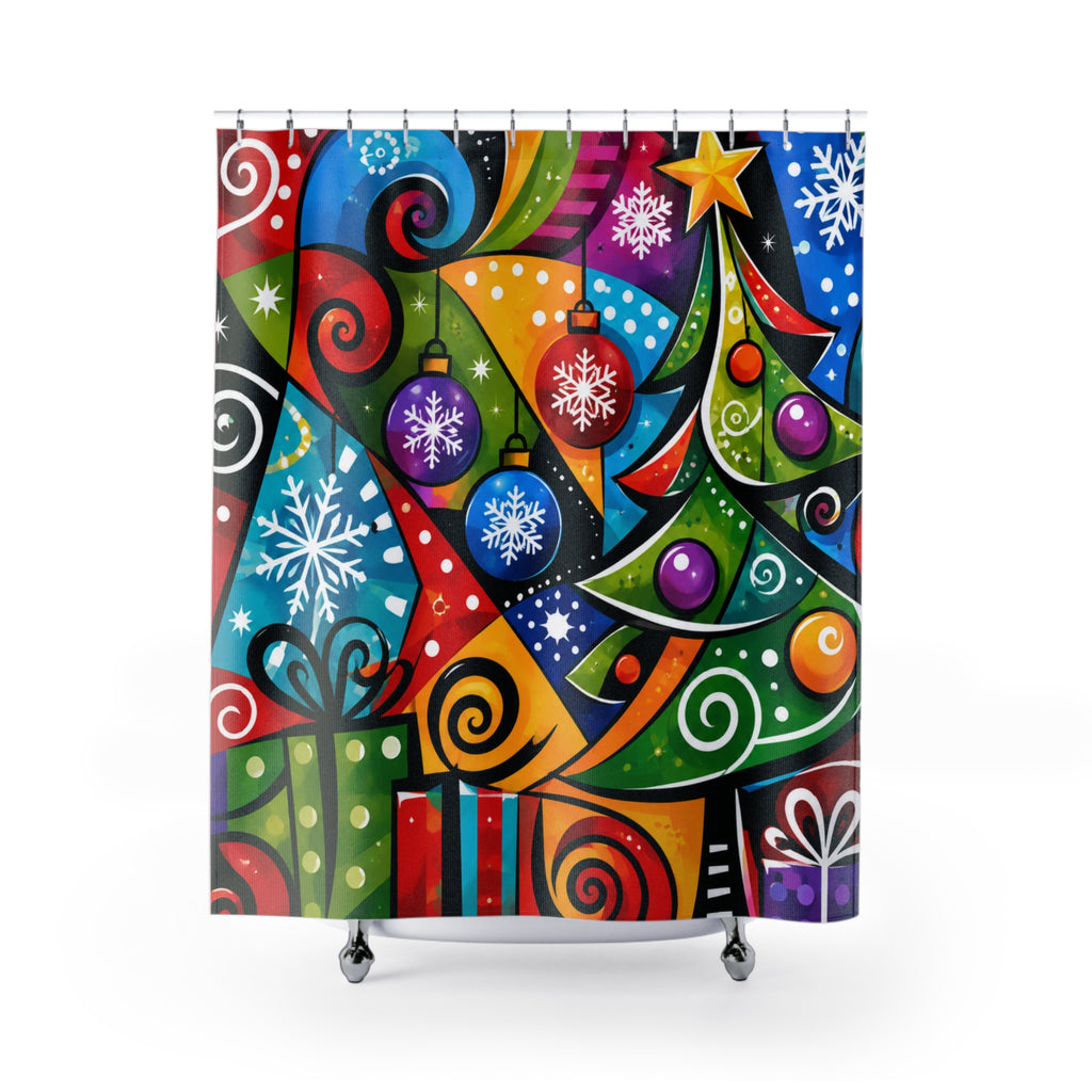 Colorful Pop Art Christmas Shower Curtain — Festive Tree, Ornaments & Gifts