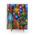 Colorful Pop Art Christmas Shower Curtain — Festive Tree, Ornaments & Gifts