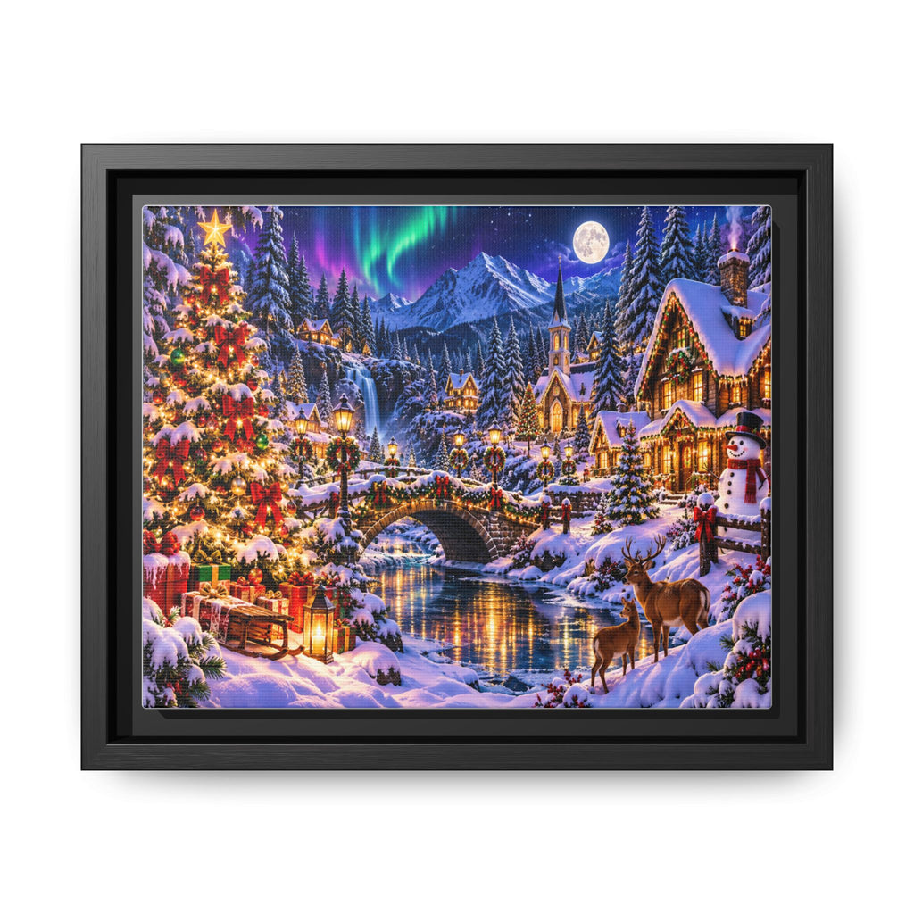 Framed Matte Canvas - Cozy Christmas Village Winter Night Wall Art