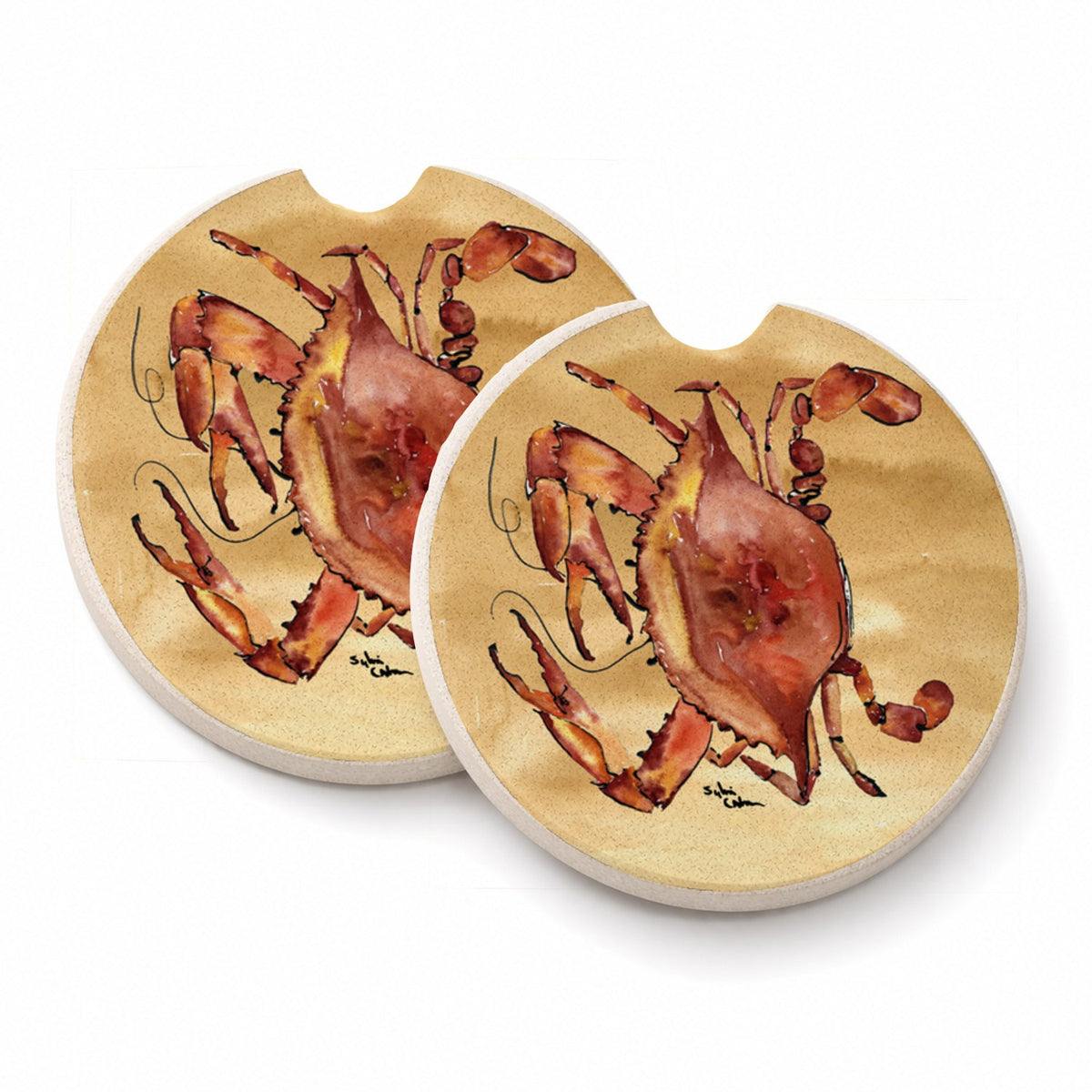 Cooked Crab Sandy Beach Set of 2 Cup Holder Car Coasters Absorbent Round Sandstone Coasters Gifts for Men or Women, 2.5, Multicolor