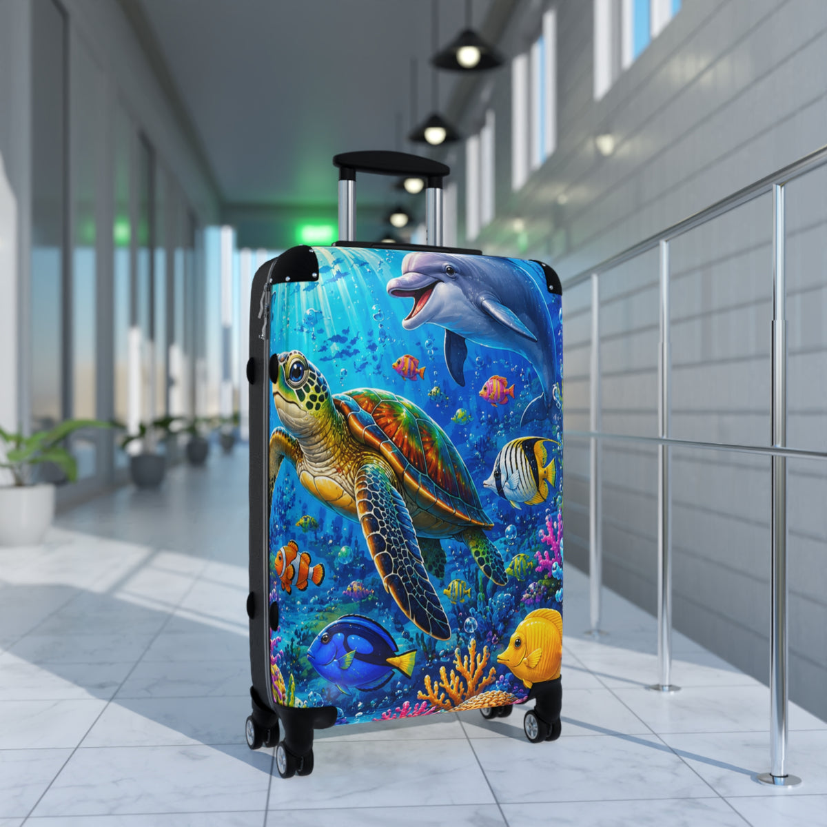 Ocean Life Carry-On Suitcase — Colorful Sea Turtle & Dolphin Luggage Cover