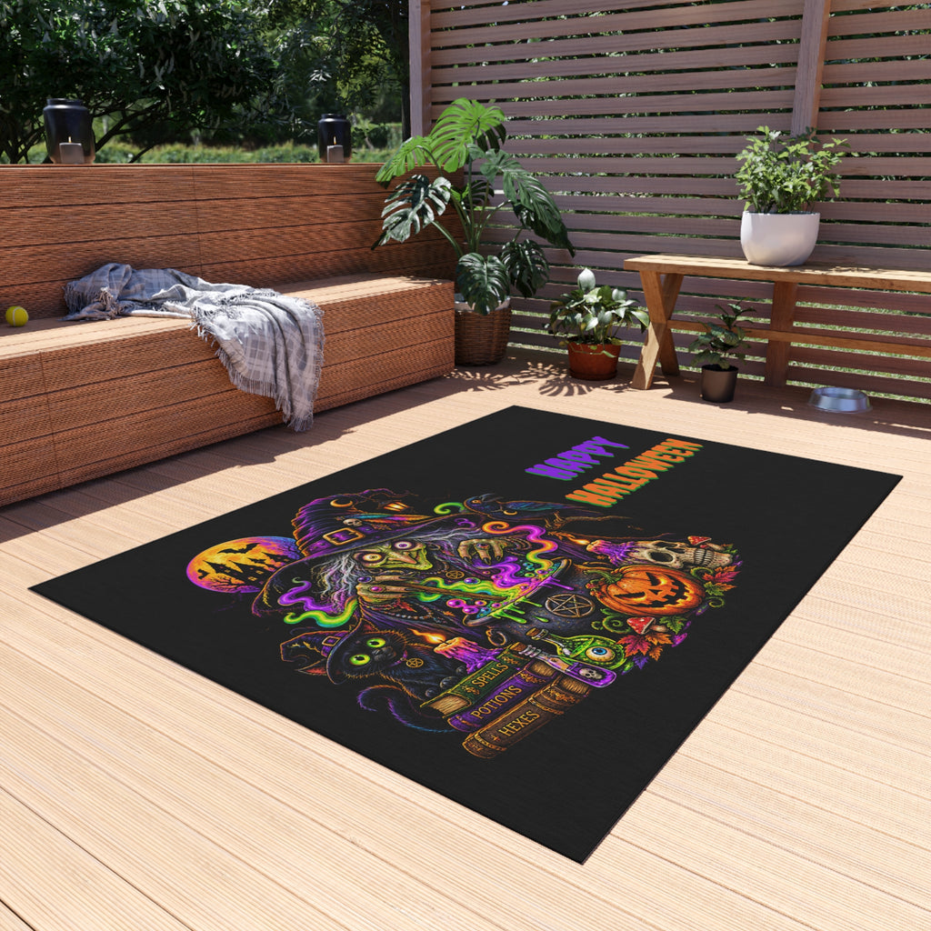 Halloween Witch Outdoor Rug — "Happy Halloween" Spooky Porch Mat