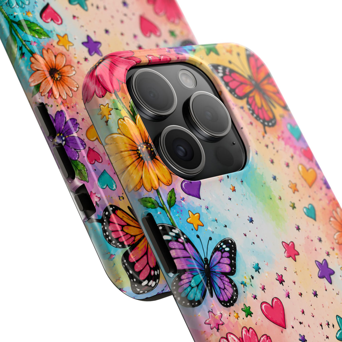 Colorful Butterflies and Flowers Tough Phone Case | Rainbow Hearts Stars