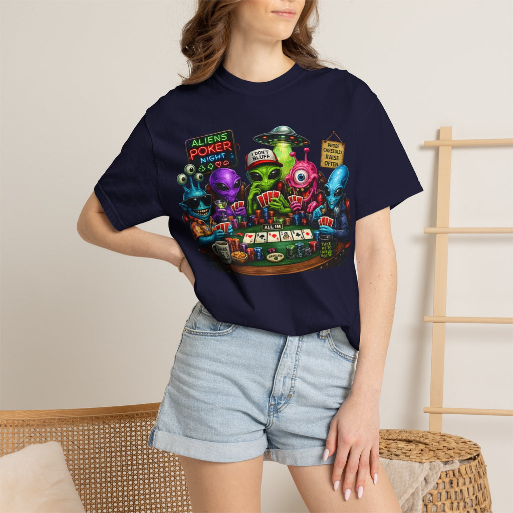 Aliens Poker Night T-shirt | Funny UFO Casino Card Game Design