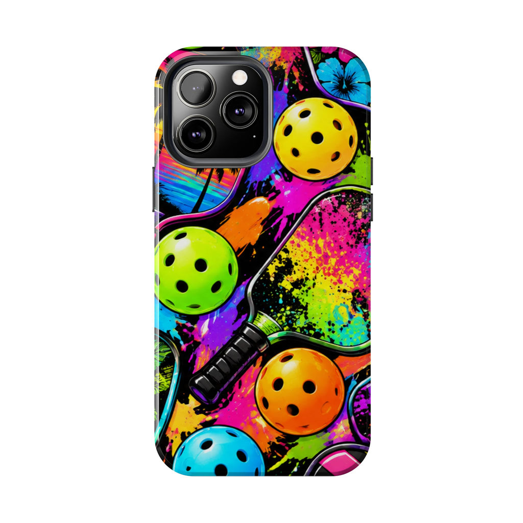Pickleball Splash Tough Phone Case — Neon Paddle & Ball Protective Cover