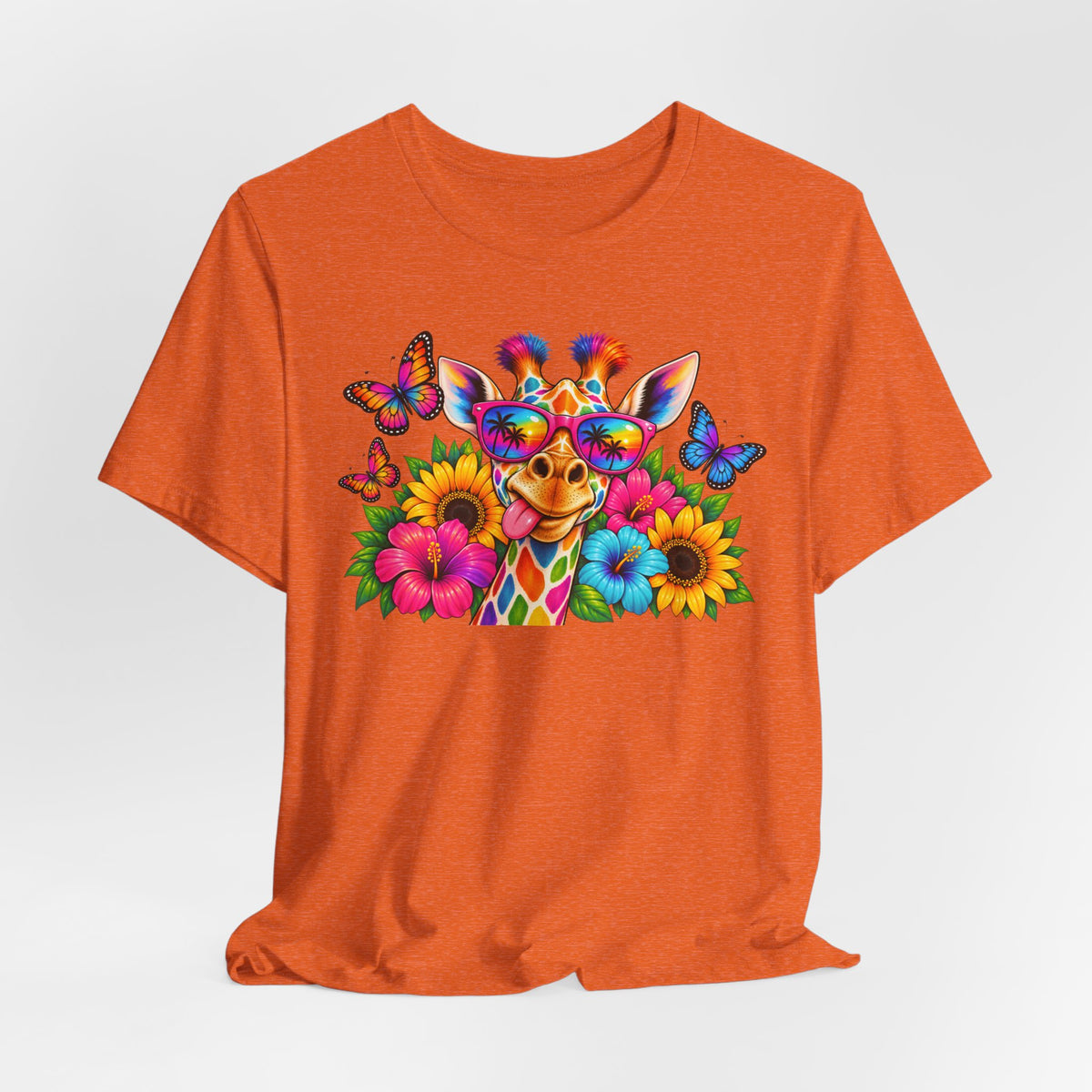 Giraffe Floral Tee — Colorful Butterfly & Sunflower Graphic T-Shirt