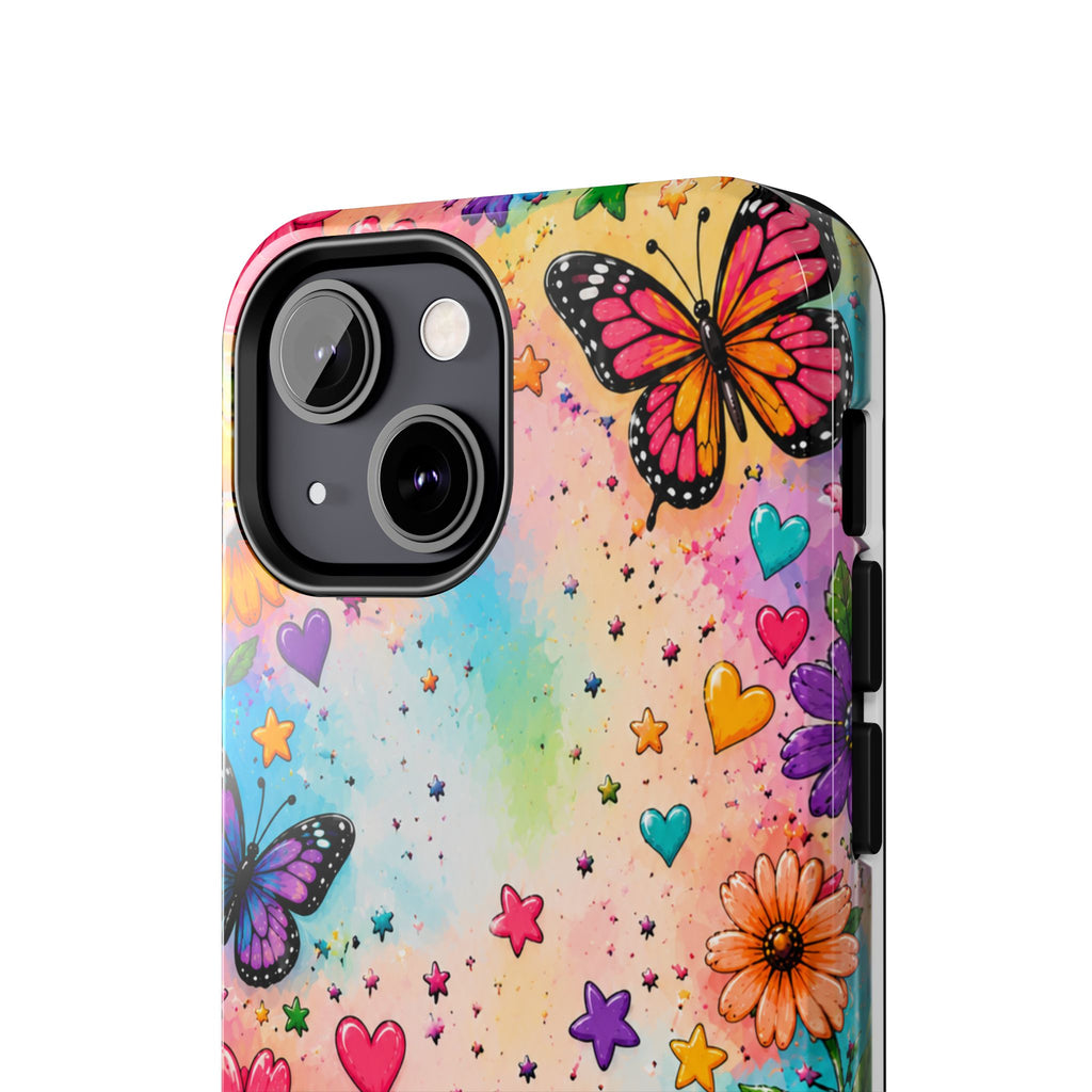 Colorful Butterflies and Flowers Tough Phone Case | Rainbow Hearts Stars