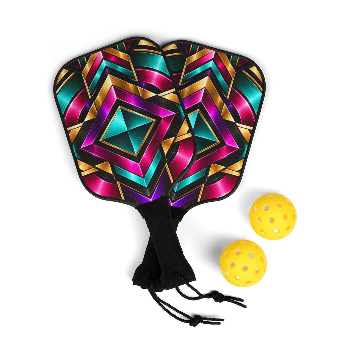Pickleball Paddle Set — Vibrant Geometric Pattern Pickleball Kit with 2 Paddles & Balls