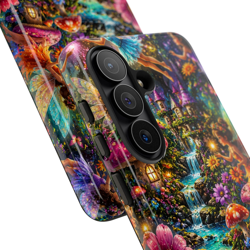 Fairy Garden Tough Phone Case — Whimsical Cottage, Waterfall & Mushroom Artwork