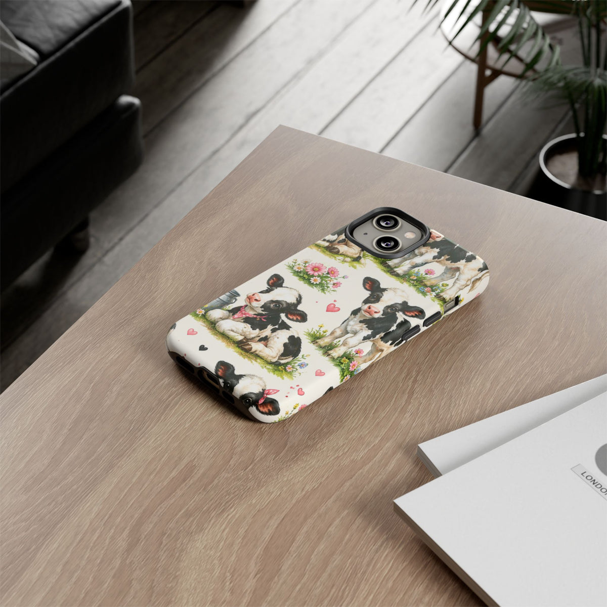 Cute Calf Pattern Phone Case – Pastel Cow Hearts & Flowers Protective Cover
