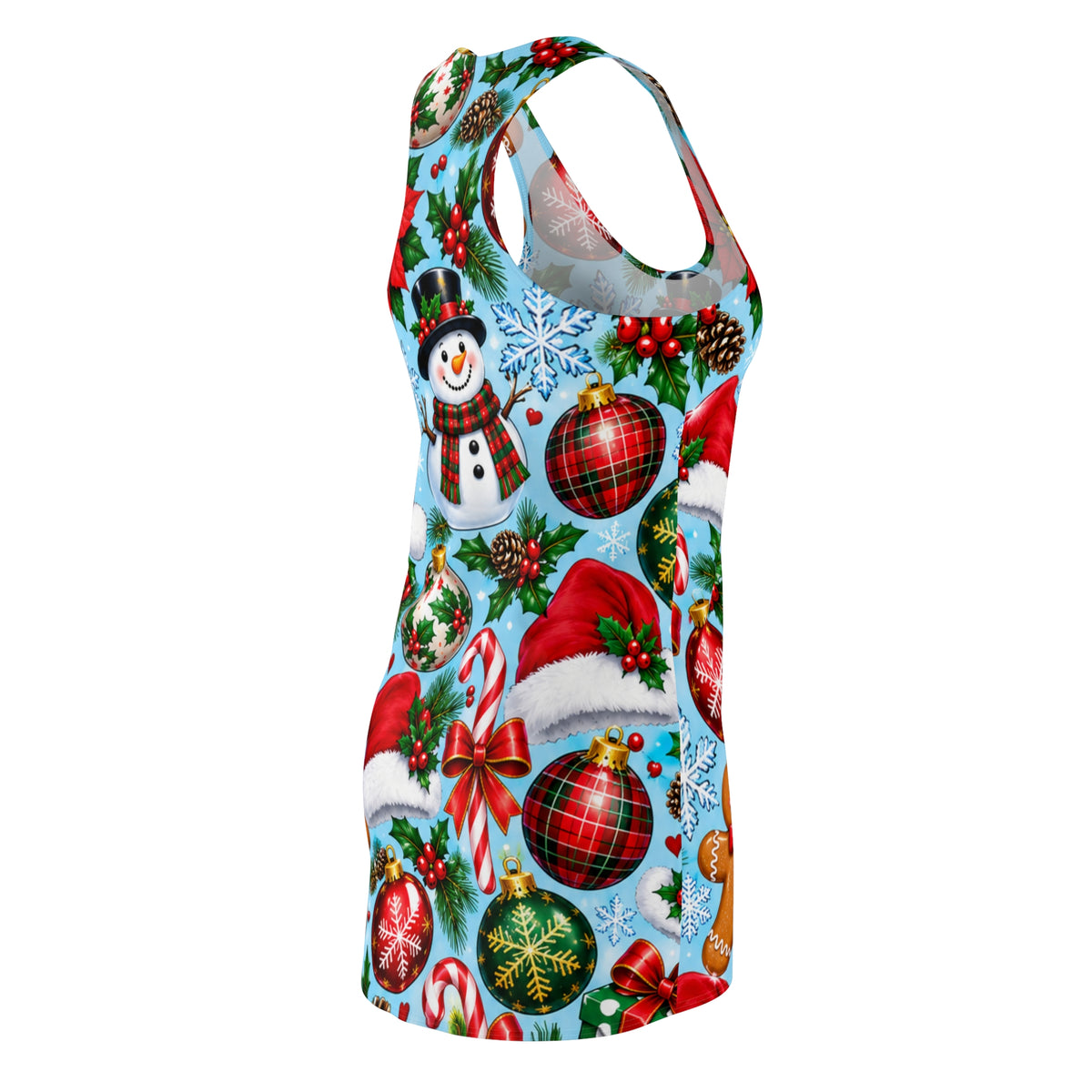 Christmas Racerback Dress — All-Over Snowman & Ornaments Print