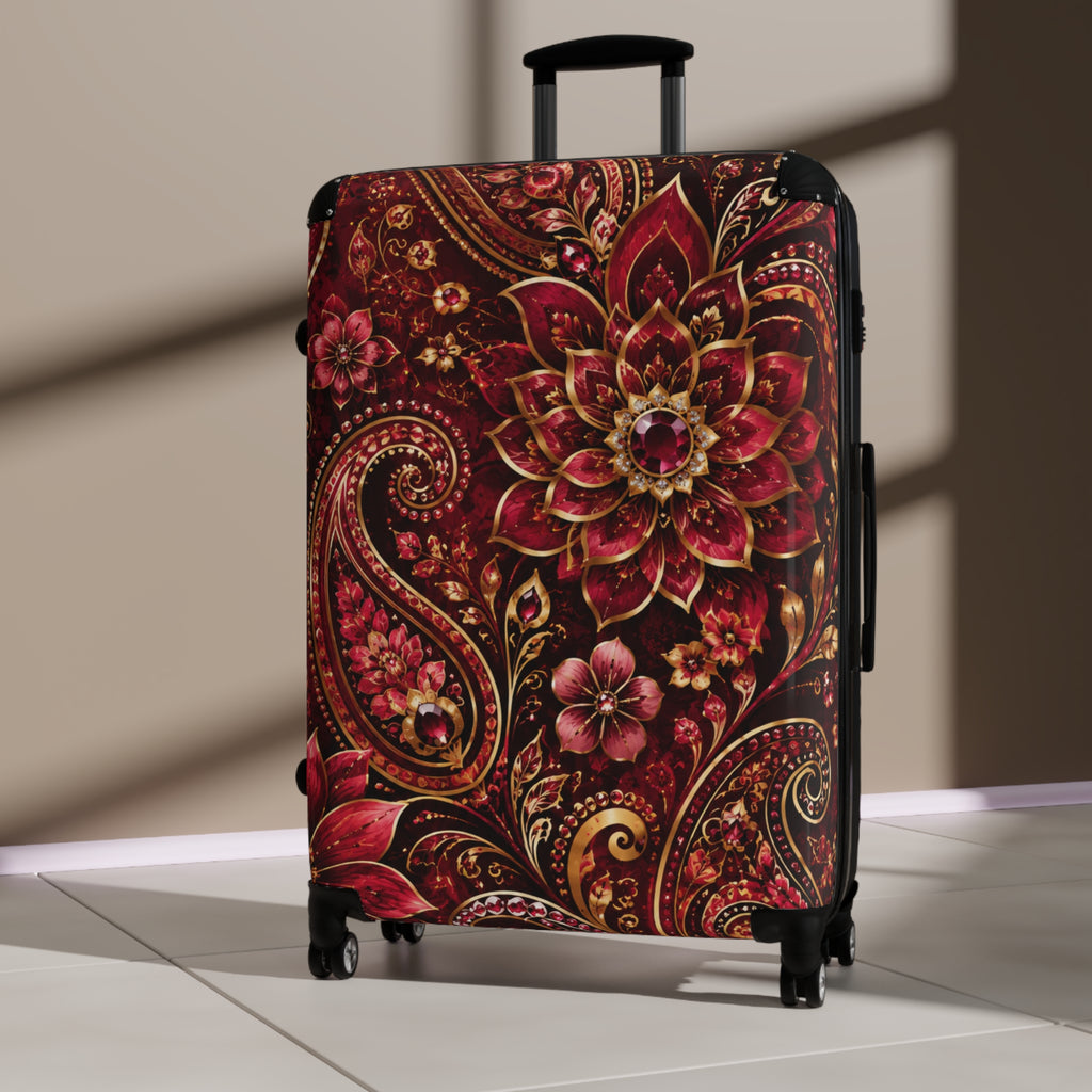 Floral Paisley Carry-On Suitcase – Red Boho Travel Luggage