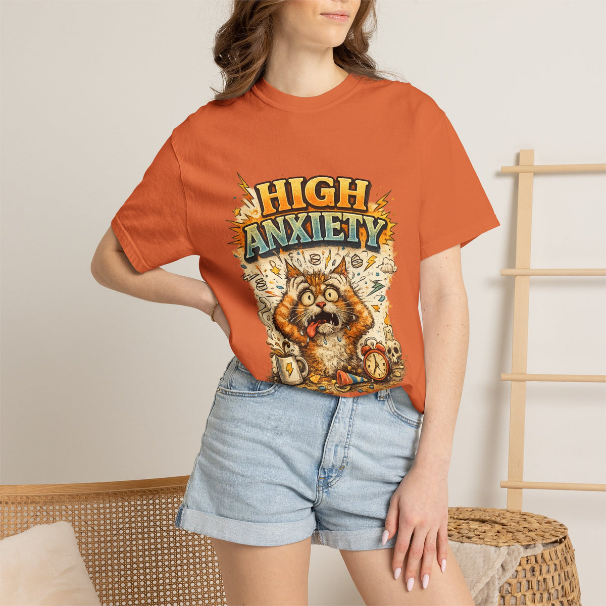 High Anxiety Cat Illustration T-shirt | Nervous Kitty Graphic Tee