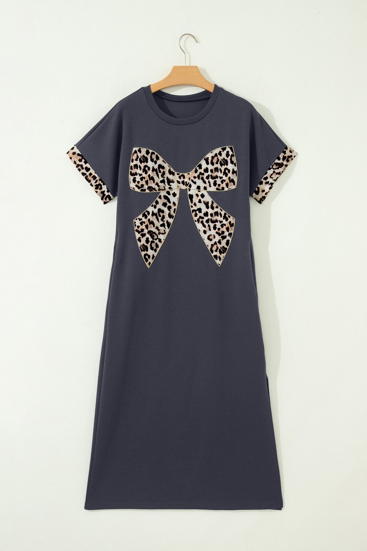 Leopard Bow Patched Short Sleeve T-Shirt Long Dress