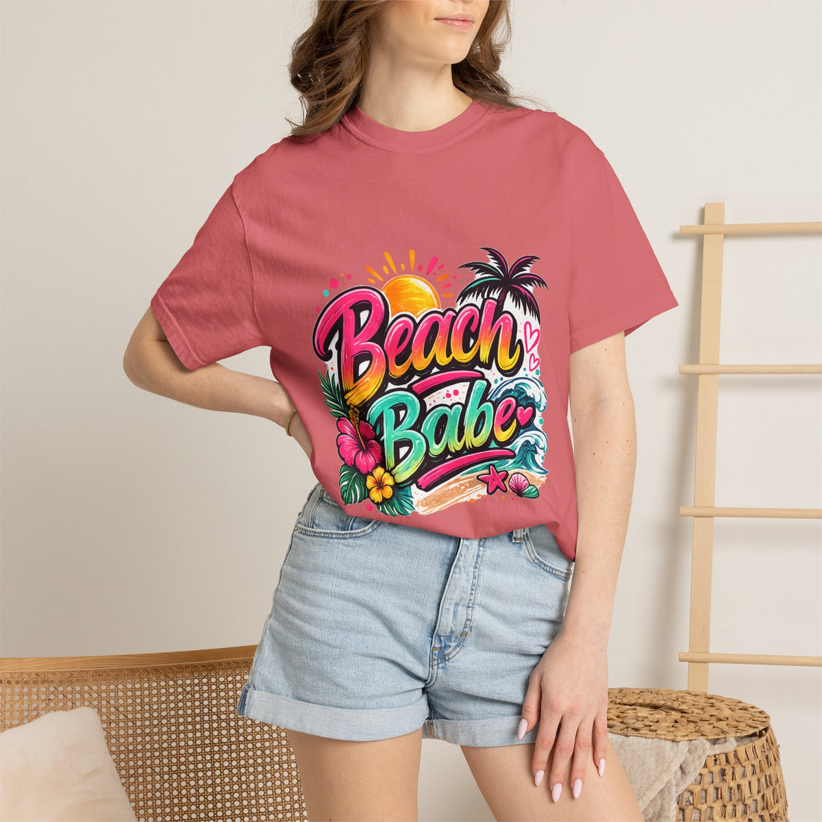Beach Babe T-shirt | Tropical Palm Hibiscus Sunset Design