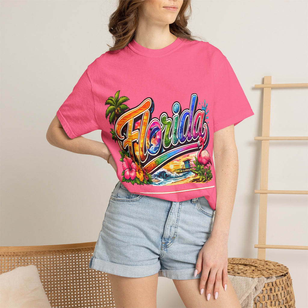 Florida Retro Palm Beach Sunset T-Shirt | Flamingo Hibiscus