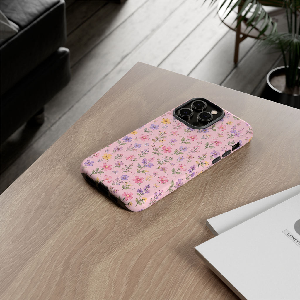 Floral Pink Tough Phone Case — Pastel Wildflower Protective Case