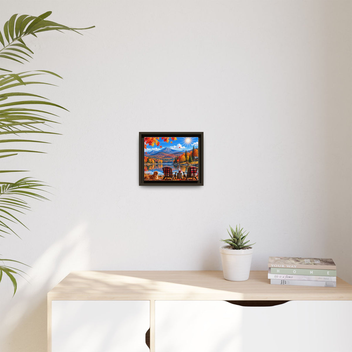 Autumn Lake Framed Canvas Print — Cozy Fall Cabin Landscape