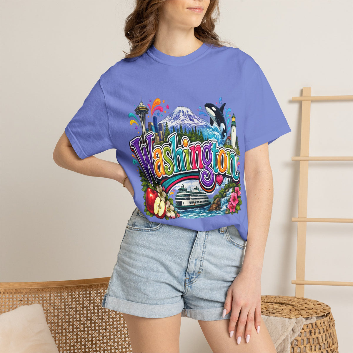 Washington State Scene T-shirt | Seattle Skyline, Orca, Apples