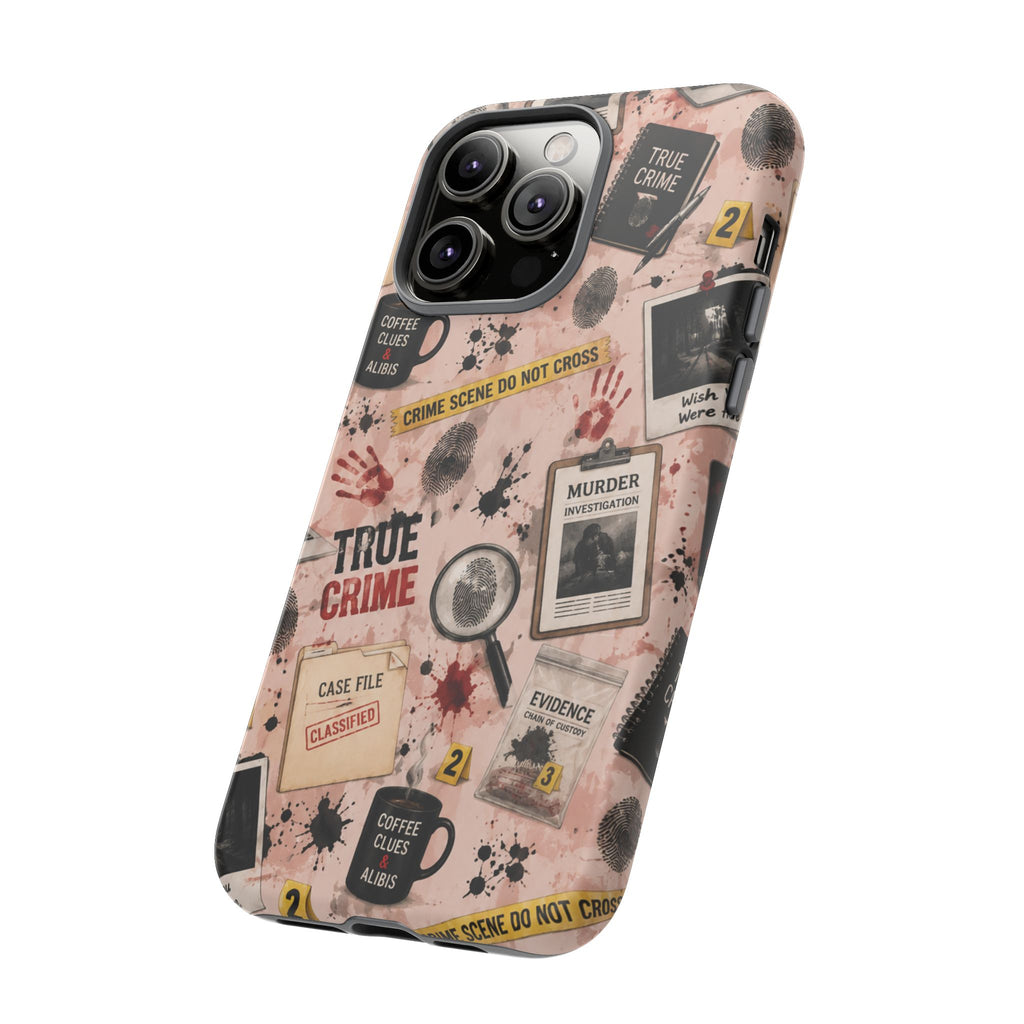 True Crime Pattern Phone Case – Detective Evidence, Crime Scene Tape & 'True Crime' Design