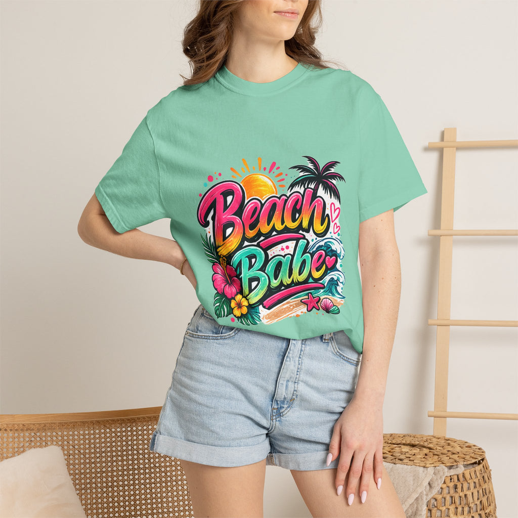 Beach Babe T-shirt | Tropical Palm Hibiscus Sunset Design