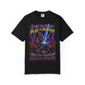 Live to Play, Play to Destroy graphic T-Shirt | Metal Lightning Rider