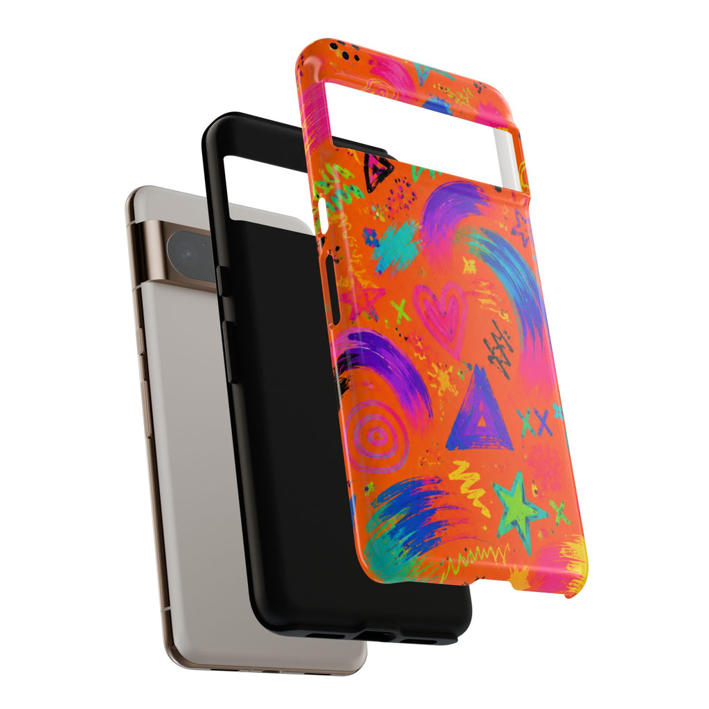 Colorful Neon Doodle Phone Case — Bright Abstract Stars & Hearts Tough Case