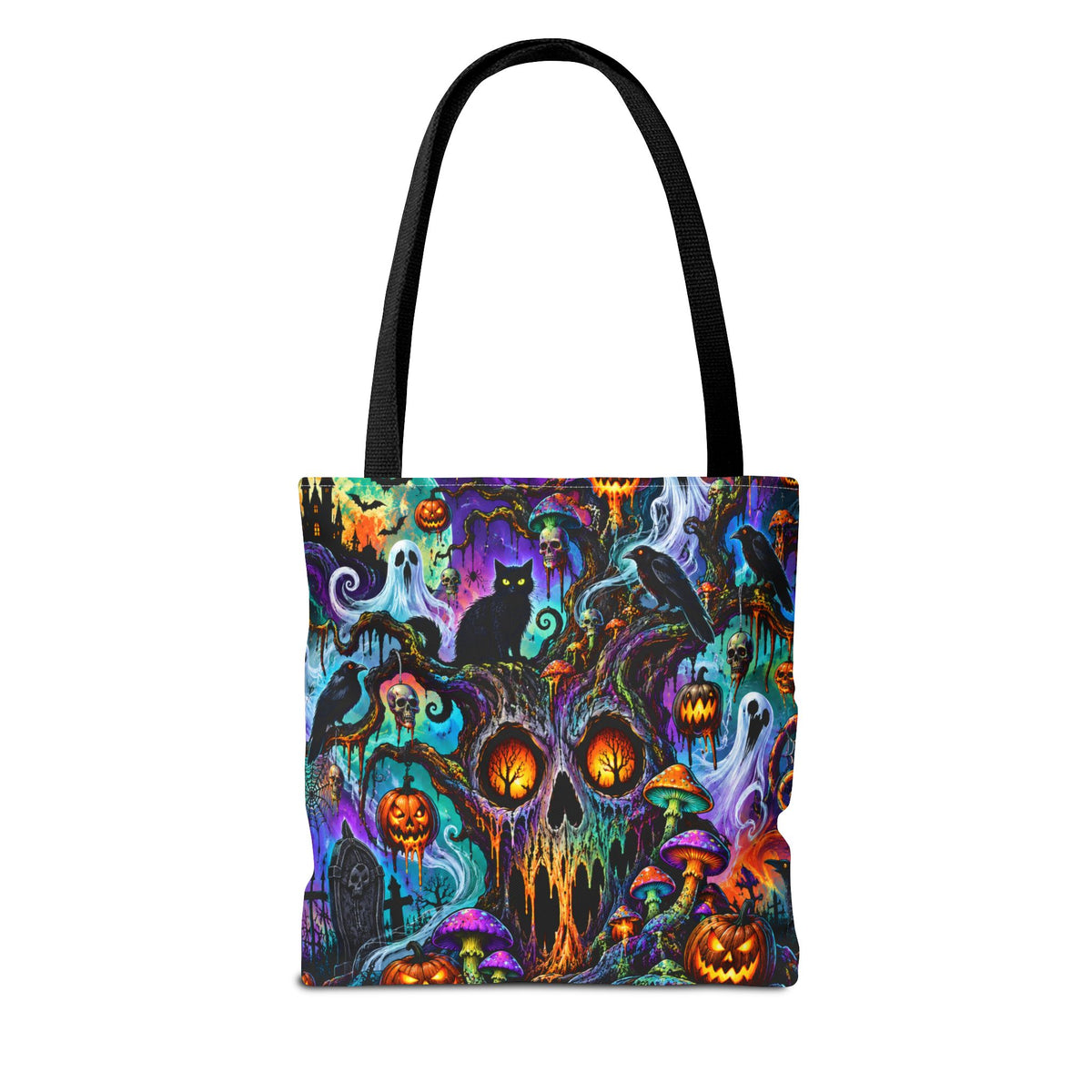 Halloween Haunted Pumpkin Tote Bag — Spooky Cat & Ghosts All-Over Print